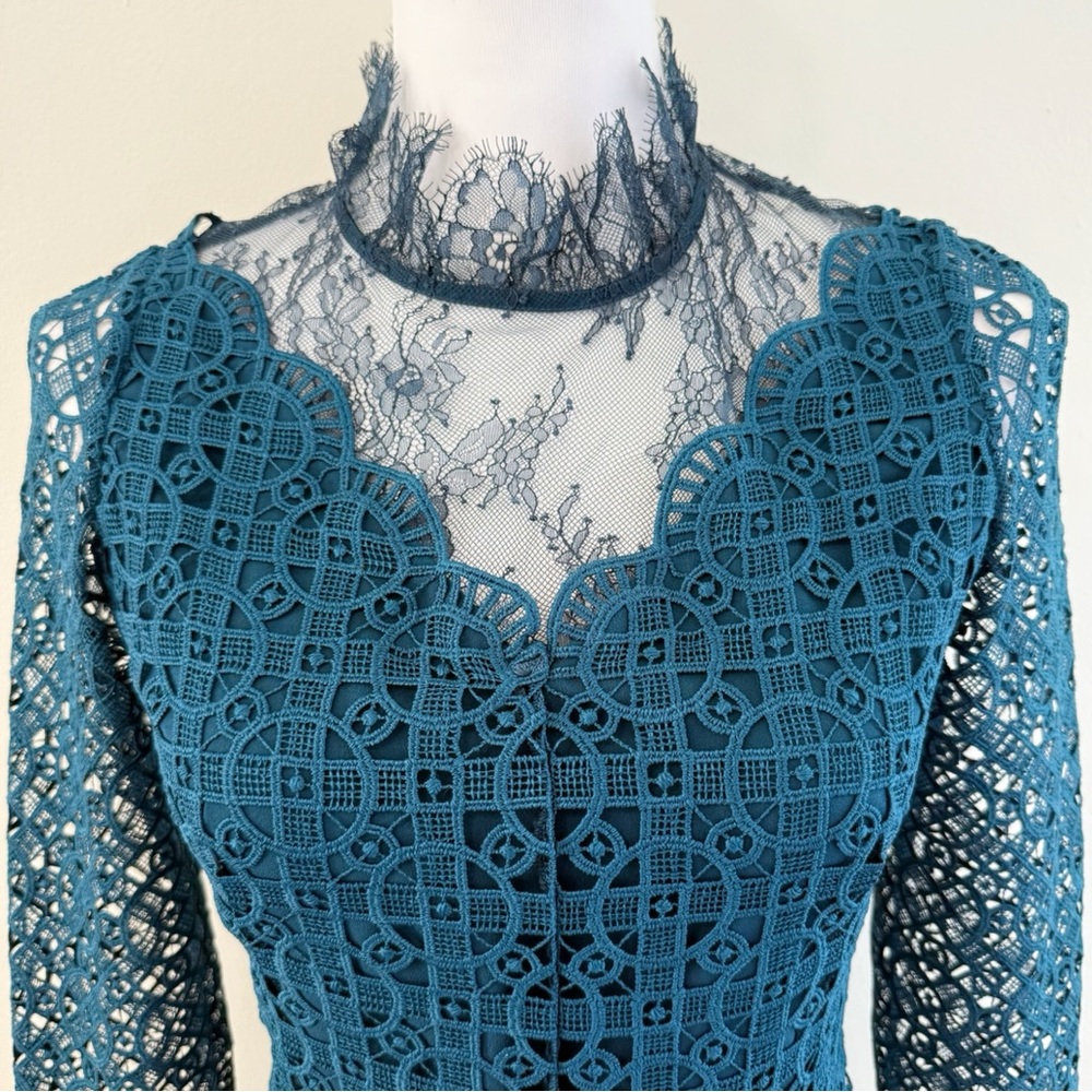 SANDRO BARTSIE TEAL LACE SHEER LONG SLEEVE MIDI DRESS - Picture 4 of 17